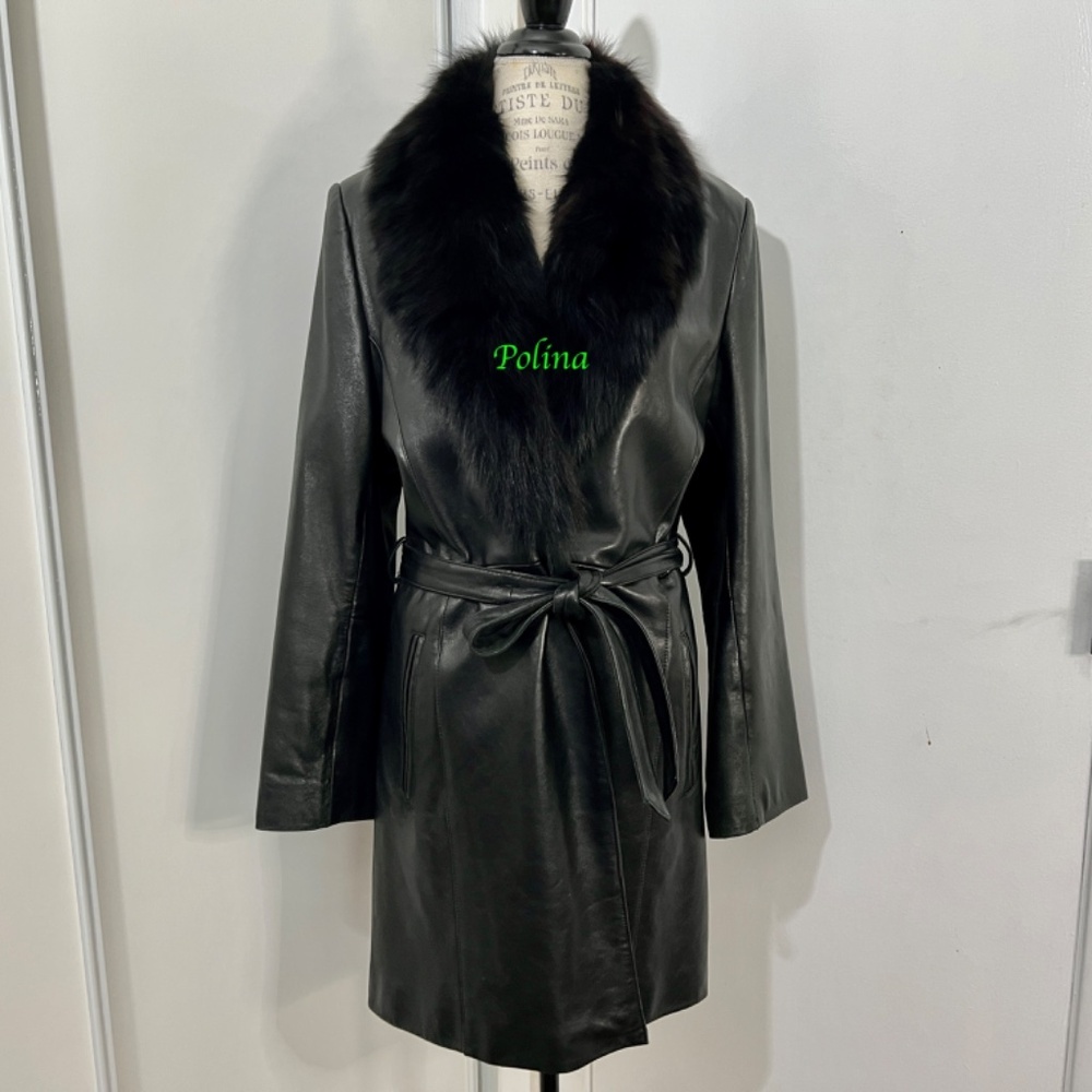VINTAGE Women Kasper Genuine Leather Coat W/Real Fox Collar&leather soft belt SL